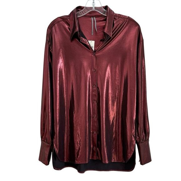 Anthropologie Shine Button Down Shirt Small Burgundy Metallic Top OVERSIZED NWT - Picture 4 of 11